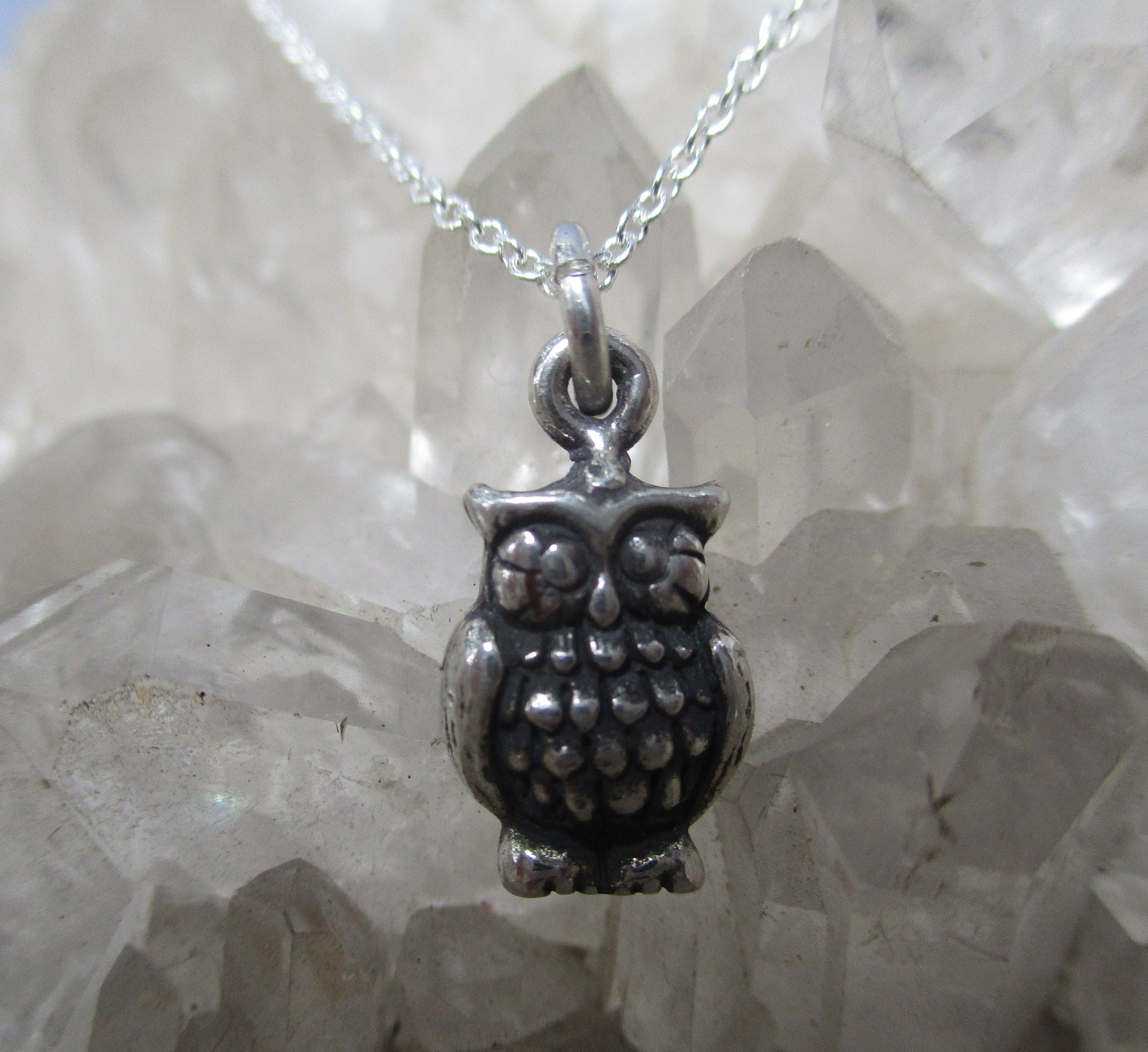 Small Detailed Owl Necklace ~Sterling Silver~ 18" Sterling Cable Chain