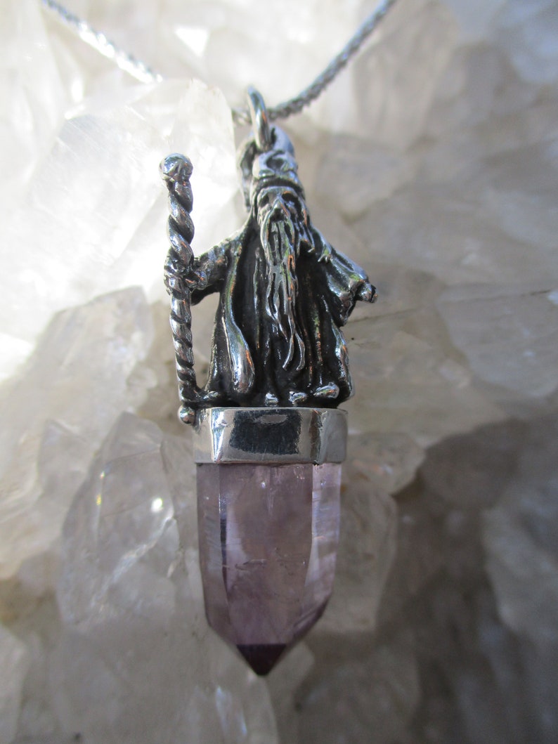 Wizard wNatural Amethyst Crystal ~Sterling Silver~ Hand Cast w18 Sterling Chain
