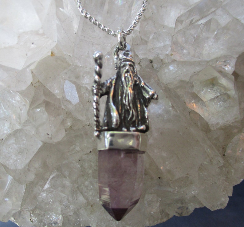 Wizard wNatural Amethyst Crystal ~Sterling Silver~ Hand Cast w18 Sterling Chain
