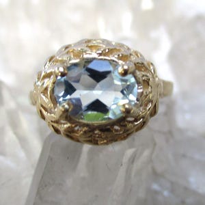 Aqua-Marine Ring ~14K Yellow Gold~ Beautiful Hand Cast Open Work image 1