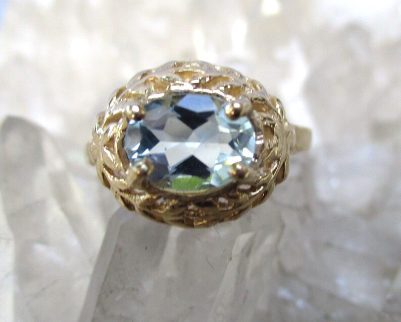 Aqua-Marine Ring ~14K Yellow Gold~ Beautiful Hand Cast Open Work image 1