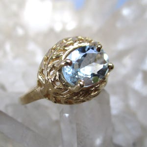 Aqua-Marine Ring ~14K Yellow Gold~ Beautiful Hand Cast Open Work image 2