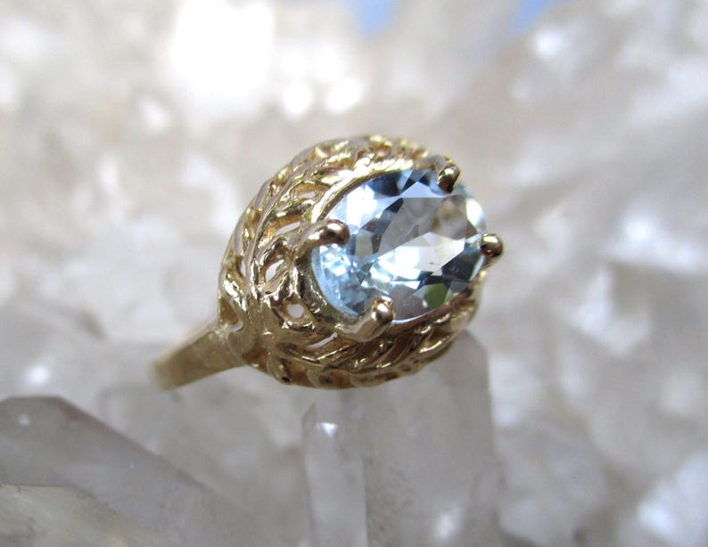 Aqua-Marine Ring ~14K Yellow Gold~ Beautiful Hand Cast Open Work image 2