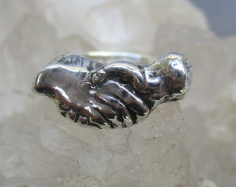 Holding Hands Ring ~Sterling Silver~ Unique Hand Cast Ring Size 7 3/4