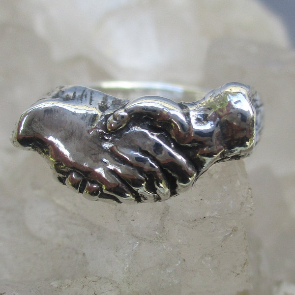 Holding Hands Ring ~Sterling Silver~ Unique Hand Cast Ring Size 7 3/4