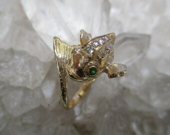 Unique Fish Ring w/ Diamonds & Tsavorites ~14K. Yellow Gold~ Hand Cast Ring