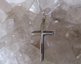 Shadow Cross Necklace -Sterling Silver- Hand Cast Small Cross w/ 16" Sterling Chain