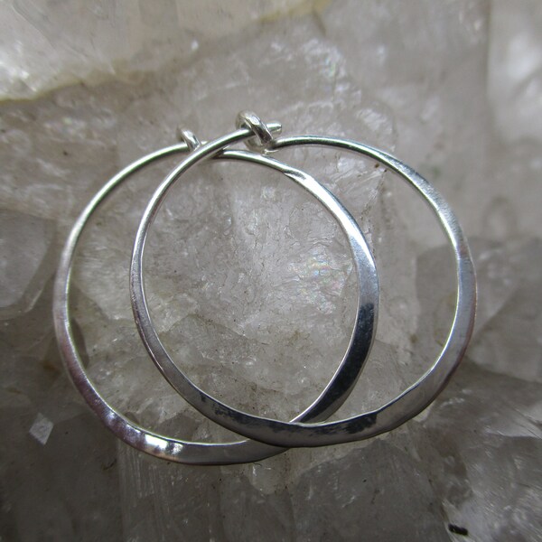 Handmade Sterling Silver Hoop Earrings -Light & Comfortable- Hammered Polished 3/4"