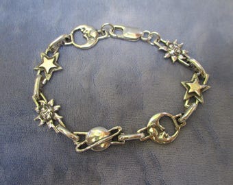 Celestial Link Bracelet ~Sterling Silver~ Hand Cast w/ Soldered Links Original Design 7 5/8&quot;