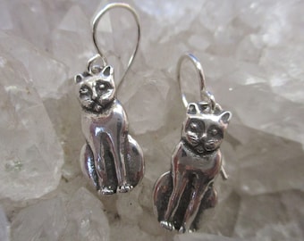 Kitty Cat Dangle Earrings -Sterling Silver- Hand Cast