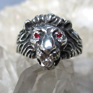 Lion Ring w/Ruby Eyes & Diamond in Mouth ~Sterling Silver~ Hand Cast Size 9