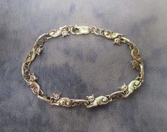 Cat Link Bracelet ~Sterling Silver~ Hand Cast  W/ Soldered Links  7 5/8&quot; Long
