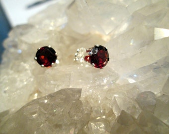 Dark Red Garnet Post Earrings ~Sterling Silver~ 6mm Round
