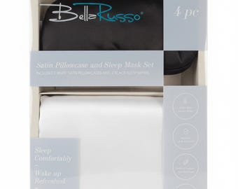 Luxury Satin Sleep Set – 2 White Pillowcases & 2 Black Sleep Masks - Bella Russo Collection