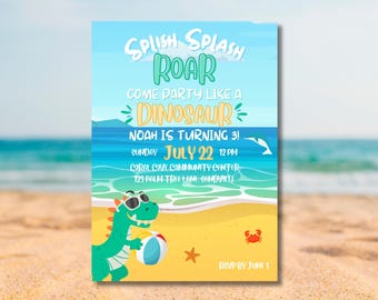 Dinosaur Beach Birthday Invitation, Editable Pool Party Invite, Kids Summer Party Printable, Instant Download Template