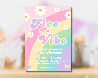 Five is a Vibe Birthday Invitation, Editable Rainbow Party Invite, Groovy Daisy Hippie Birthday Invite, Instant Download
