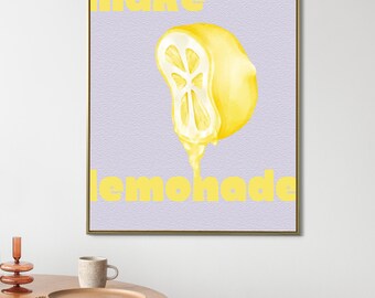 Make Lemonade Printable Wall Art, 18x24 Instant Download, Motivational Lemon Poster, Watercolor Yellow Kitchen Decor