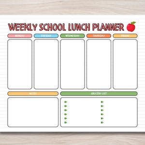 Weekly School Lunch Planner Printable, Kid-Friendly Meal Organizer with Grocery List, Colorful Meal Prep, Instant Download
