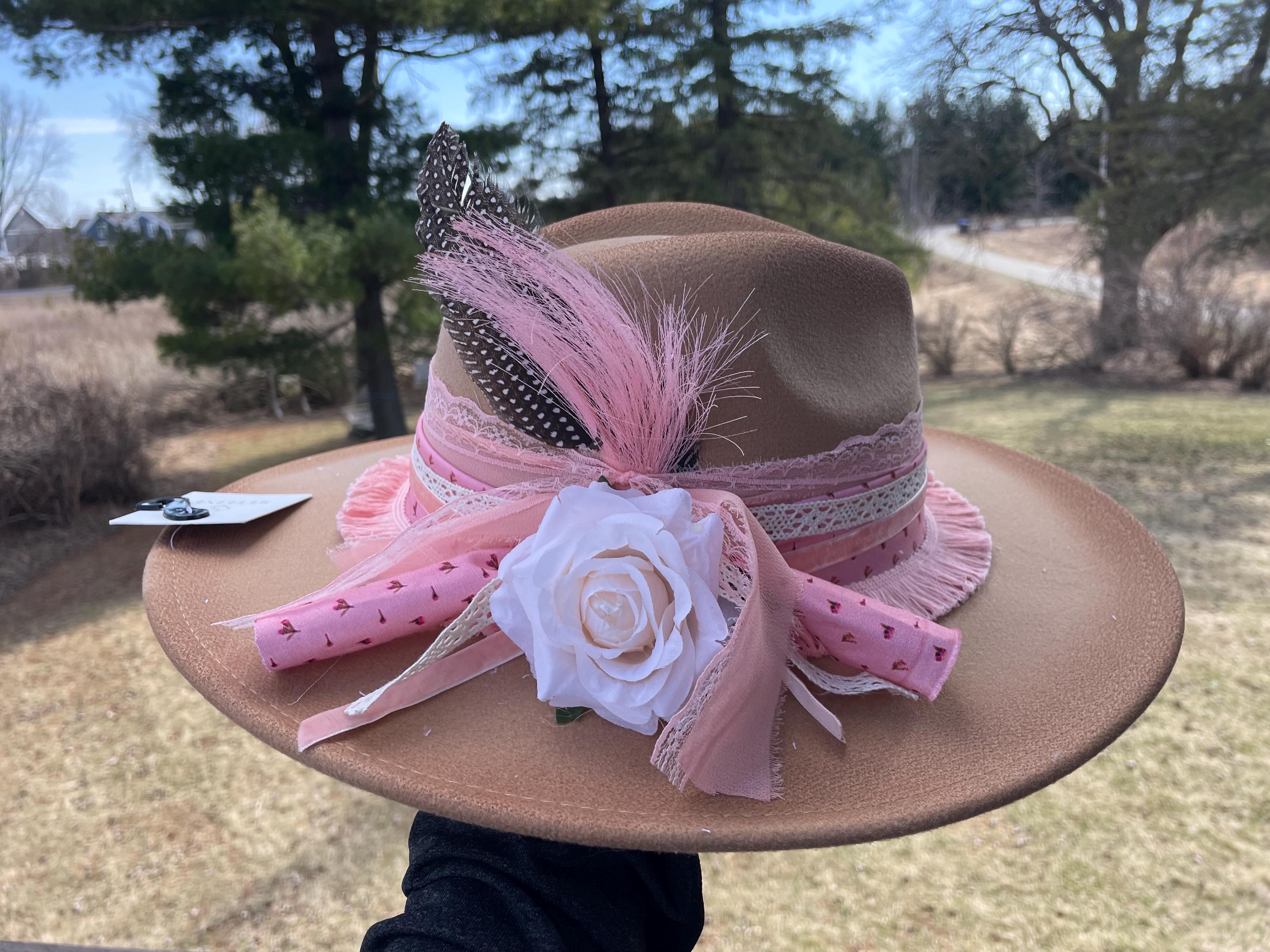 Coral pink floral rancher style cowboy hat wide brim Blush pink floral burned suede wide brim rancher hat  main image 2