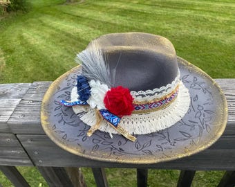Women's Embellished Aztec Gold Trim Burned Cowboy Hat