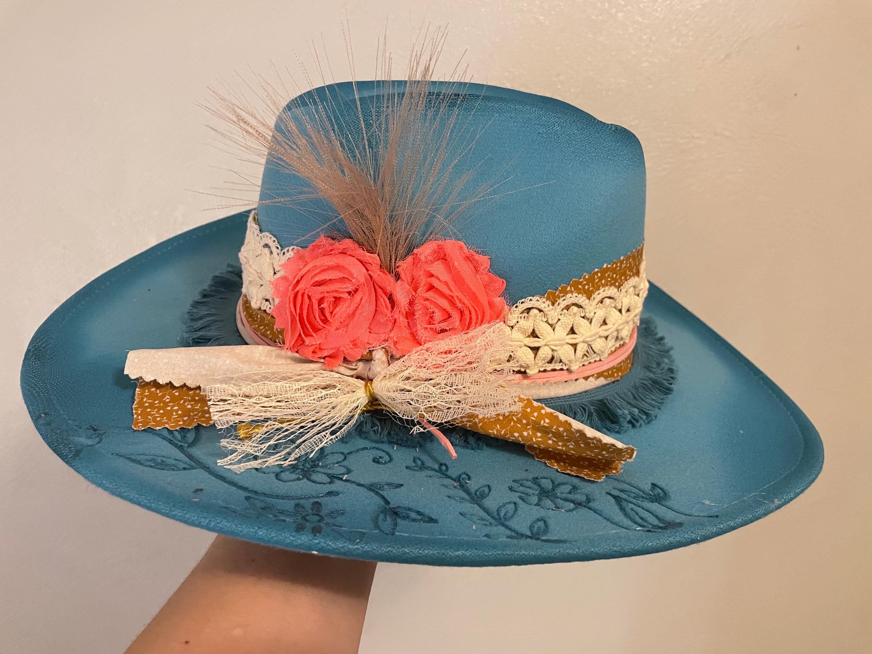 Womens Turquoise Embellished Floral Hat Burned Cowboy Hat  display picture 2