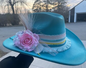 Women's Turquoise Cream Floral II Embellished Burned Cowboy Custom Cowgirl Hat Western Hat Rodeo Fair Hat Concert Nashville Hat Derby Hat