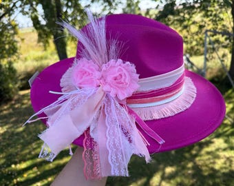 Fuchsia Western Hat, Pink Cowboy Hat, Burnt Fedora, Orange  display picture 1