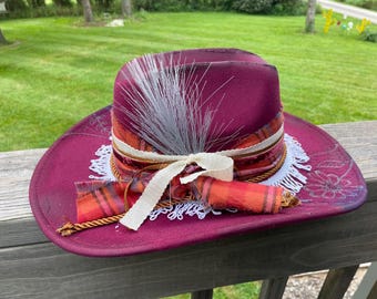 Handmade Red Suede Cowboy Hat: Floral Burned Design, Hand  display picture 1