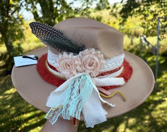 Women's Fall Tan Rust Cream Embellished Burned Cowboy Fedora Hat Custom Cowgirl Hat Western Hat Rodeo Fair Hat Concert Hat