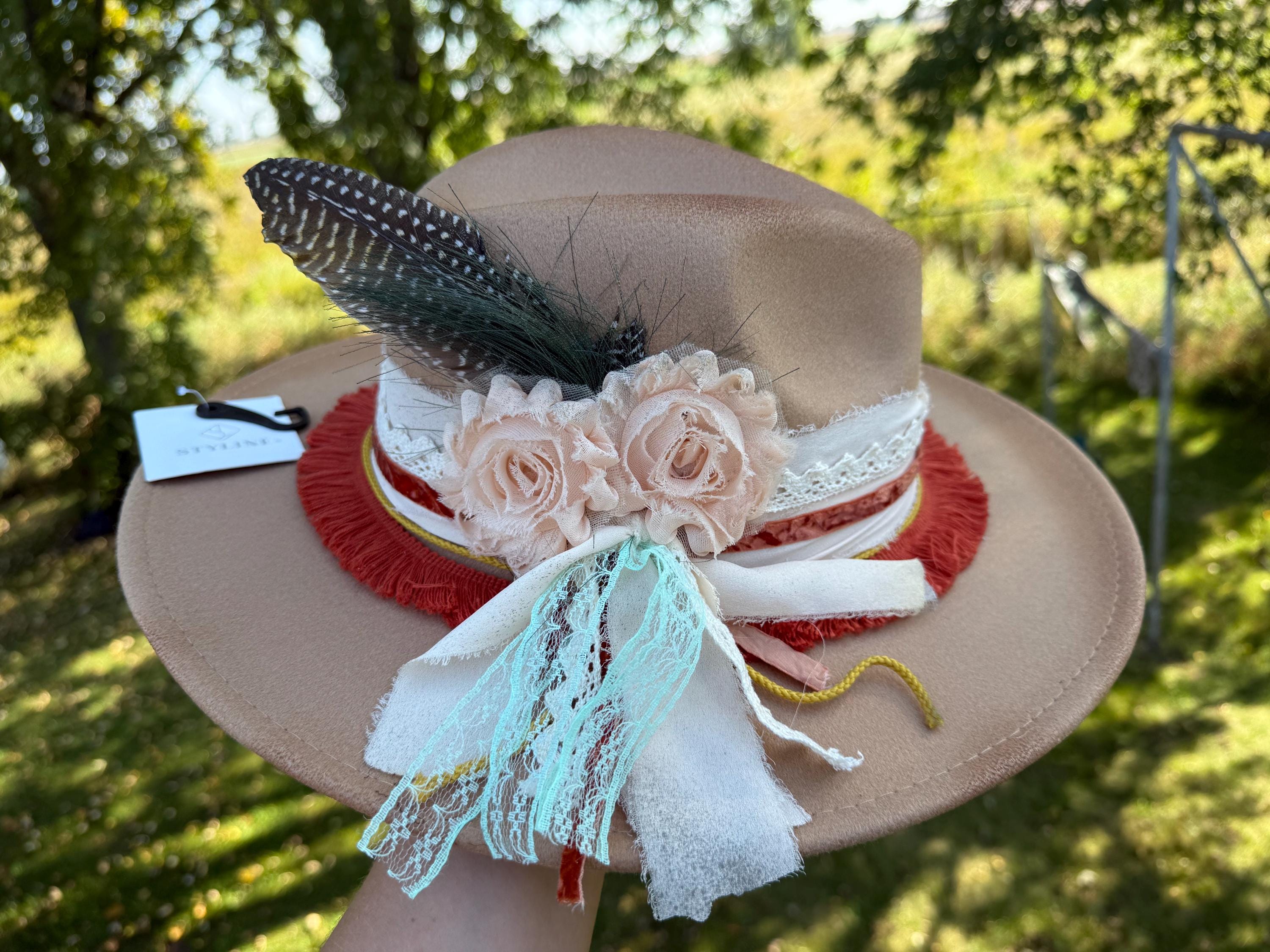 Boho Embellished Wide Brim Hat - Taupe The Hat Collection Lookbook – Melbelle Western X Boho Blog main image 3