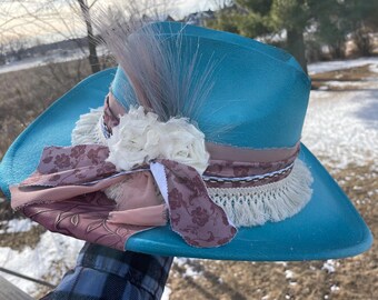 Women's Turquoise Maroon Bling Embellished Burned Cowboy Custom Cowgirl Hat Western Hat Rodeo Fair Hat Concert Print Nashville Hat