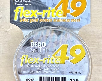 24KT GOLD PLATED .024" BeadSmith Beading Flexible Wire 49 Strand Flex-Rite 30 ft.