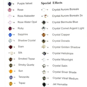 May include: A chart showing different colors of crystal beads with their corresponding names. The chart is divided into two columns, one for standard colors and one for special effects. The colors include olivine, pacific opal, padparadscha, peridot, purple velvet, rose, rose alabaster, rose water opal, ruby, sapphire, shadow crystal, siam, silk, smoked topaz, smoky quartz, sun, tanzanite, topaz, tourmaline, turquoise, vintage rose, and violet. The special effects include crystal aurore boreale, crystal aurore boreale 2x, crystal bermuda blue, crystal comet argent light, crystal copper, crystal dorado, crystal golden shadow, crystal heliotrope, crystal moonlight, crystal satin, crystal silver shade, crystal vitrail medium, jet hematite, white opal sky blue, and white opal star shine.