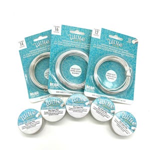May include: Six spools of silver-plated dead-soft craft wire in various gauges. The spools are labeled with the gauge number and the words "Wire" and "Dead-Soft Craft Wire".