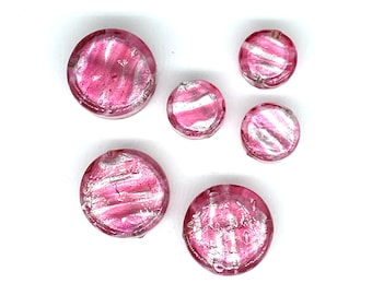 Coin Shape Venetian Glass. Murano Glass Rose Stripe Silver Foil.