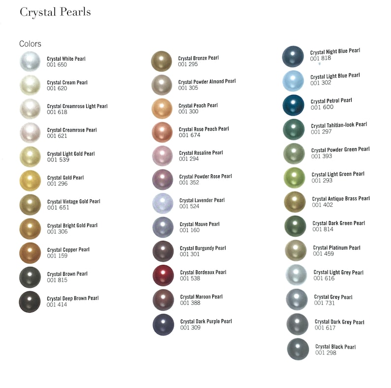 May include: A chart displaying 24 different coloured crystal pearls, each with its name and product code. The pearls are arranged in rows of three, with each row representing a different colour family.