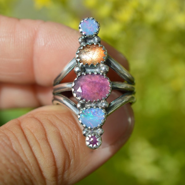 Handmade sterling silver multi-stone ring featuring opals, sunstone, pink tourmaline and ruby//size 8.25