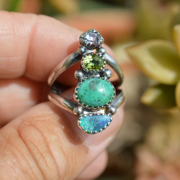 Handmade sterling silver triple stone ring with herkimer diamond, faceted peridot, chrysocolla and opal//size 6