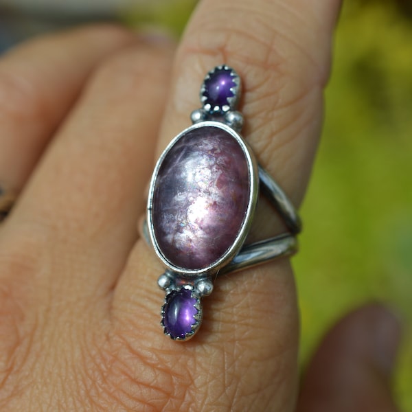 Handmade sterling silver triple stone ring featuring lepidolite and amethyst//size 7.5