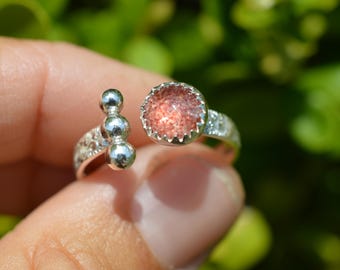 Handmade sterling silver adjustable ring with strawberry quartz//size 8-9