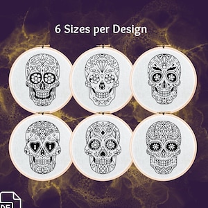Sugar Skull Diy Hand Embroidery Pattern - 6 Designs - 6 Sizes - goth gift skulls Halloween alternative crafts hoop art mandala