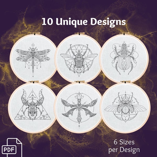 Insect Hand Embroidery Patterns - 10 Designs in 6 Sizes - DIY moth beetle dragonfly dead head moth mandala gift hoop art punch needle goth