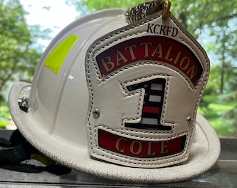 Custom Leather Fire Helmet Shield: Thin Red Line, Personalized