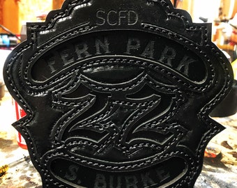 Blackout Leather Fire Helmet Shield: Hand Tooled Firefighter Gift