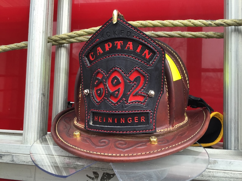 Firefighter Gift for Him Custom Leather Fire Helmet Shield image 1