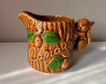 Vintage Canada Souvenir Brown Ceramic Creamer with Squirrel Handle, Tree Bark and Acorns. Circa 1970s, Japan. Brown Ware Squirrel Creamer.
