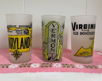 Vintage Frosted State Tumblers, Collectibles, 1950&#39;s - 1960&#39;s. Maryland, Vermont or Virginia. Black Type with Yellow or Chartreuse Accents.