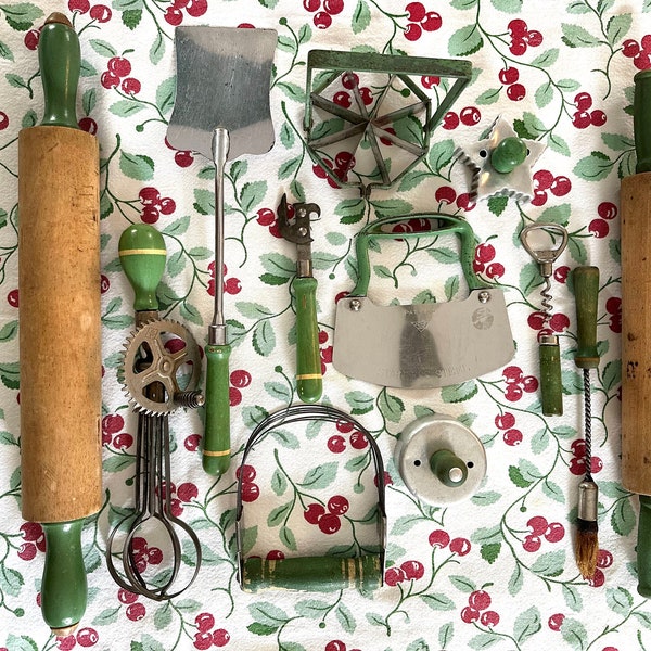 Vintage Green Wood Handled Kitchen Tools. Choose 2 Cookie Cutters, Bottle and Can Openers, or Spatula & Pastry Brush. 1930's Green Kitchen.