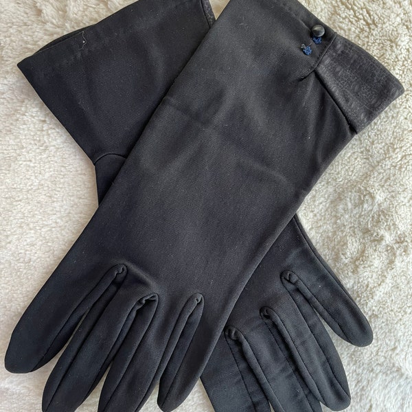 Vintage Short Black Gloves for Fall Winter. Nylon Gloves with Soft Fleece Lining, Inset Trim of Faux Alligator Print Fabric. Medium Size.