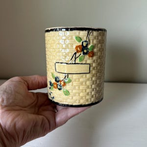 Vintage Majolica Hotta Yu Shoten Japan Basket Weave Container, 1920&#39;s. Small Round Canister Without Lid. Blank Label. Kitchen Canister.